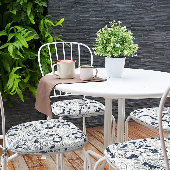 Indoor/Outdoor Chair Cushions 16x17 Inch, Patio Chair Cushions with Ties, All Weather Seat Cushions for Patio Furniture Home Garden Chair Use, Set of 4,Damask Lapis