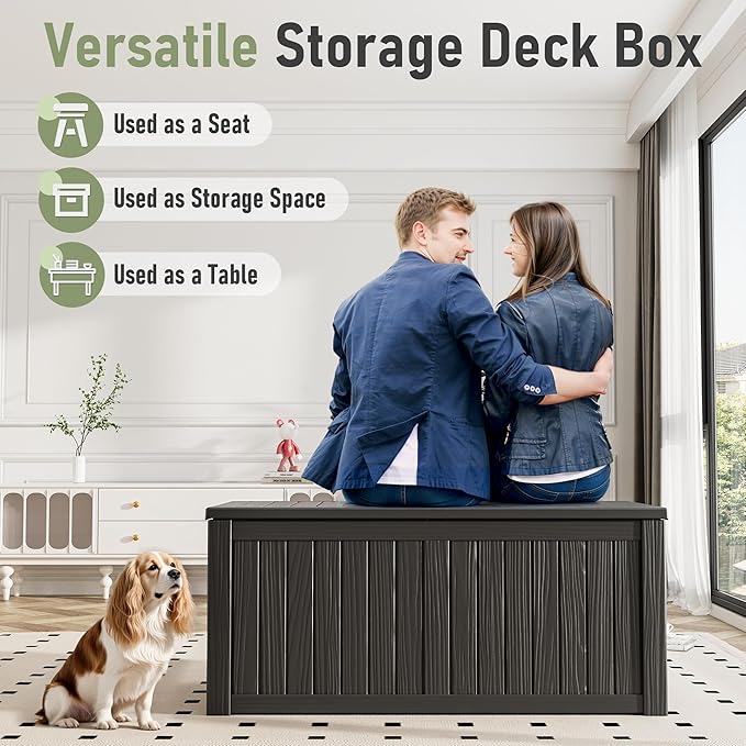 NUNU LAB Outdoor Storage Box,120 Gallon Deck Box,Resin Waterproof Outside Storage Bench,Outdoor Storage Cabinet With Lockable Lid,Backyard Deck Box For Garden Tools,Patio Cushions,Pool Accessories