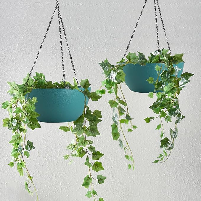 WOUSIWER 13 inch 2 Pack Large Hanging Planters for Indoor Outdoor Plants with Drainage Holes and Chain, Round Hanging Flower Pots for Garden Home Porch Decor, Myrtle Green
