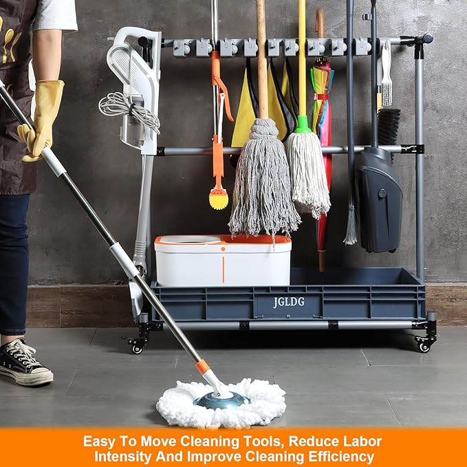 Mop and Broom Holder with Wheels - Keep Your Cleaning Tools Organized! (L)
