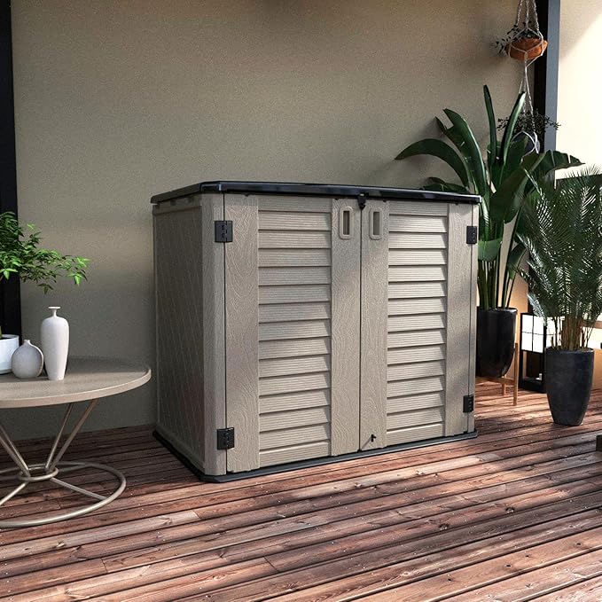 Horizontal Resin Storage Shed, 34 Horizontal Cu.ft Outdoor Storage Cabinet Waterproof for Garden/Backyard/Home/Pool, Lockable(34 Cu.ft-Brown)