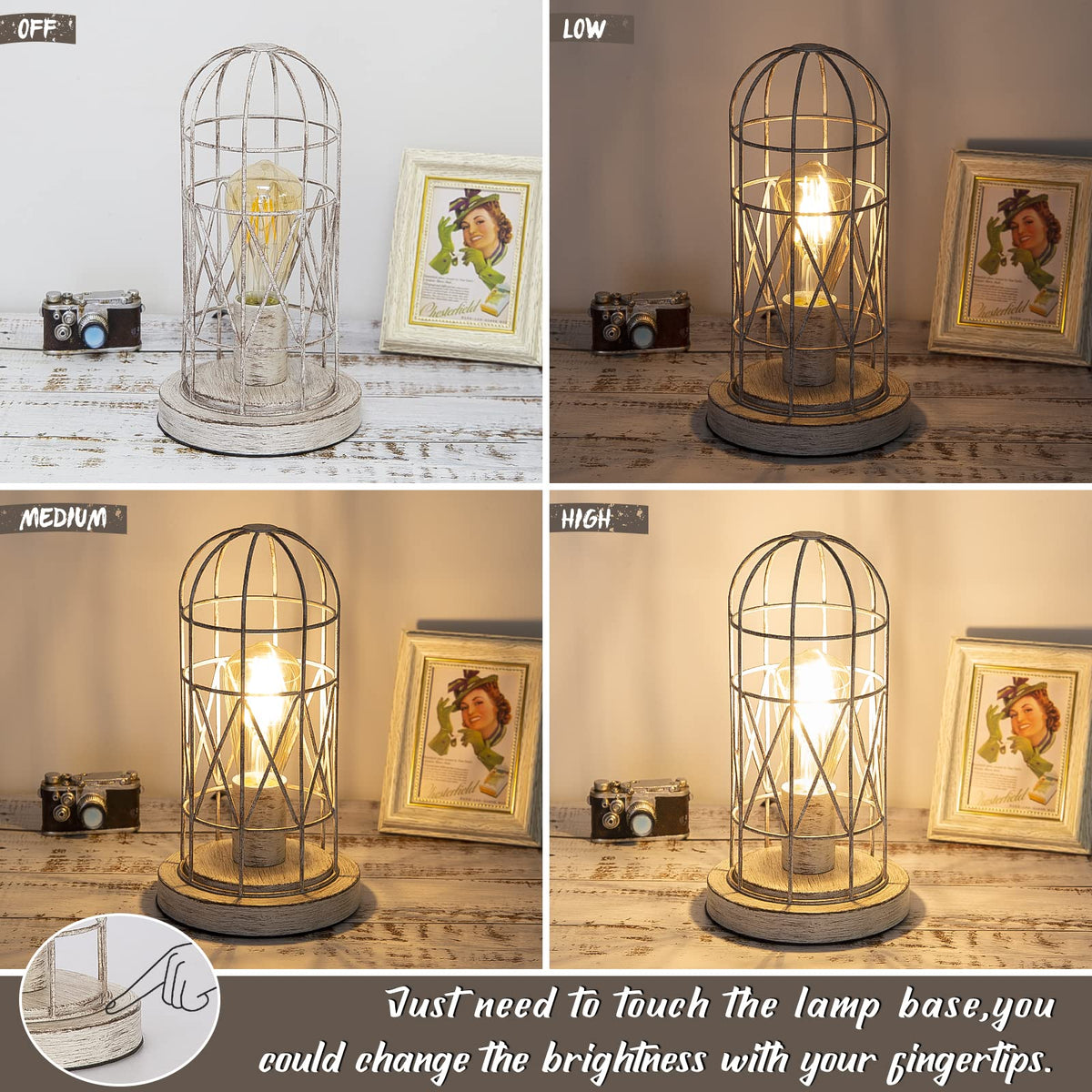 Small Table Lamp, 3-Way Dimmable Bedside Lamp with Brushed White Oak Cage
