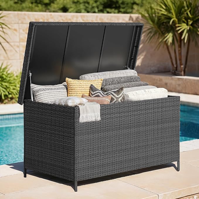 158 Gallon XL Deck Box with Lid, All Weather Wicker Outdoor Storage Box Waterproof, Large Outdoor Patio Storage Bin for Cushions, Garden Tools, Gears, Pool Accessories, Black