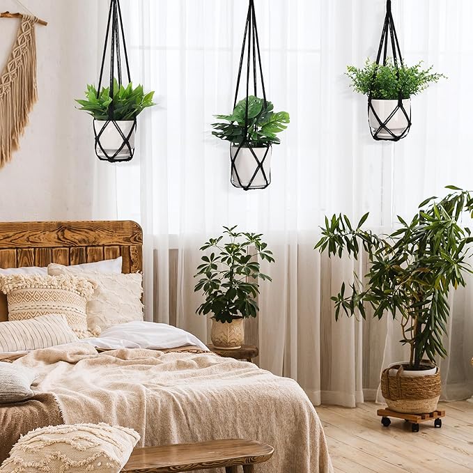 YIBOT 3 Pack Macrame Plant Hanger Indoor Hanging Planters for Indoor Outdoor Hanging Plant Holder with 3 x S Hooks for Garden Home Boho Decor 35"/29"/23" Black