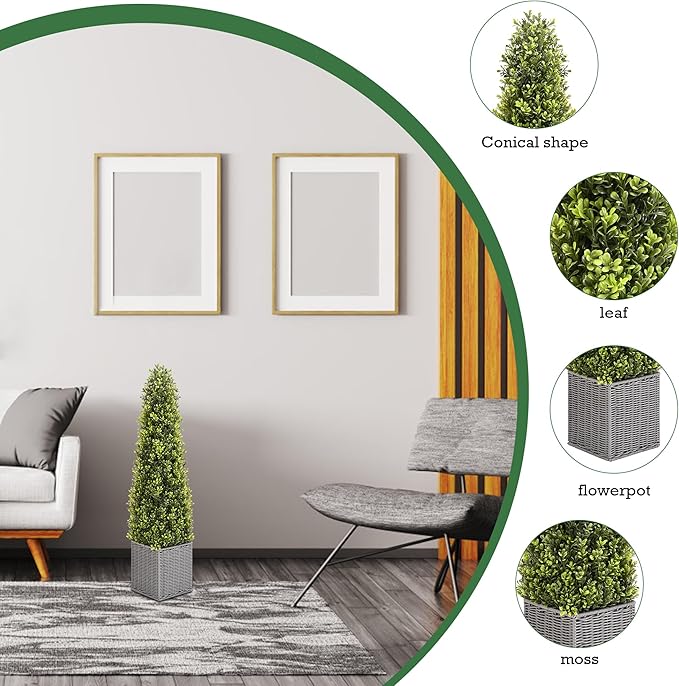 48 Inch Artificial Boxwood Outdoor Topiary Tree Set of 2, 4FT Potted Boxwood Tree Cone Topiary Artificial Plant Shrub for Front Porch Home Office Decor…