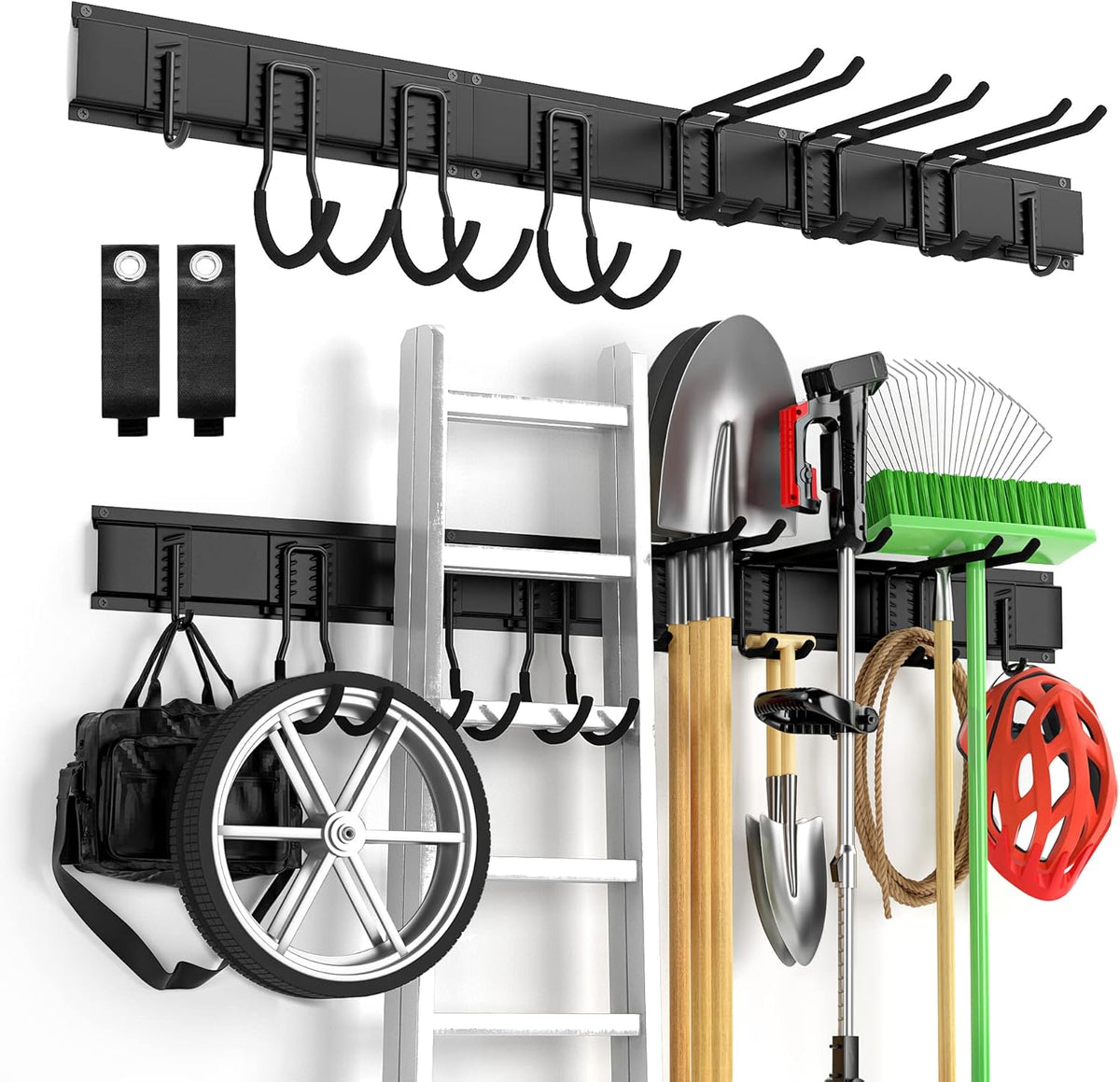 Garage Tool Organizer Wall Mount 13 PCS, Yard Garden Tool Organizer, Adjustable Tool Storage Rack with 8 Heavy Duty Hooks, Max Load 500lbs Garage Organization