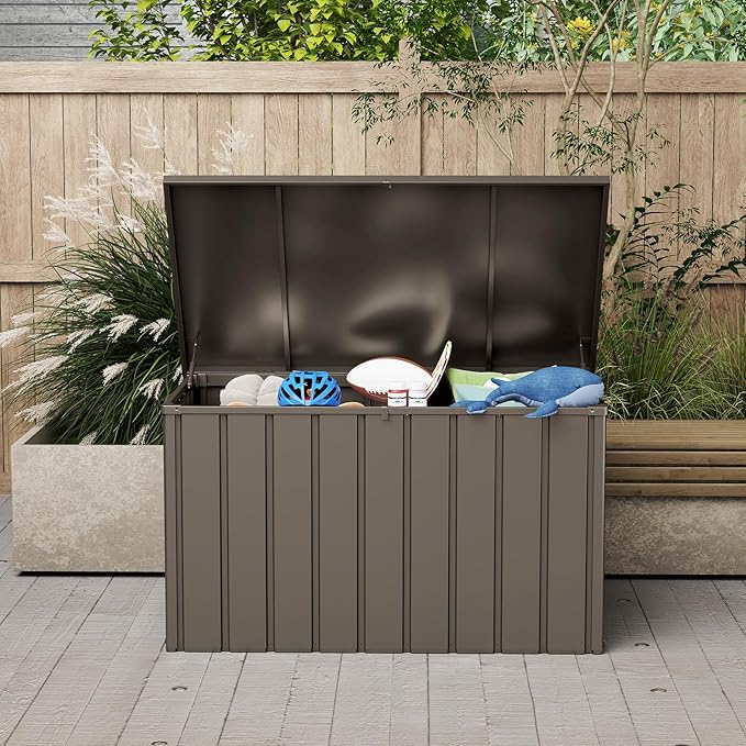 Domi Deck Box 160 Gallon, Waterproof Lockable Steel Outdoor Storage Container for Outside Cushions, Garden Tools and Pools Equipment, Brown
