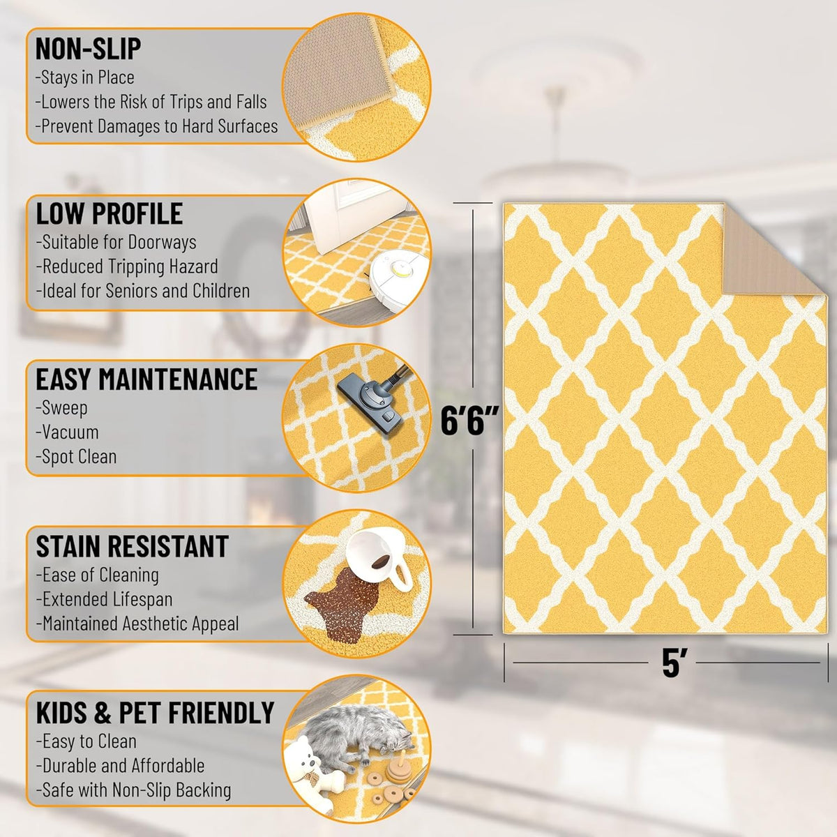 Ottomanson 5' x 6'6" Rugs for Living Room Trellis Area Rug for Bedroom - Non Slip Durable Large Floor Carpet for High Traffic Areas - Indoor Rug for Dining Room Kitchen Kids Playroom, Yellow