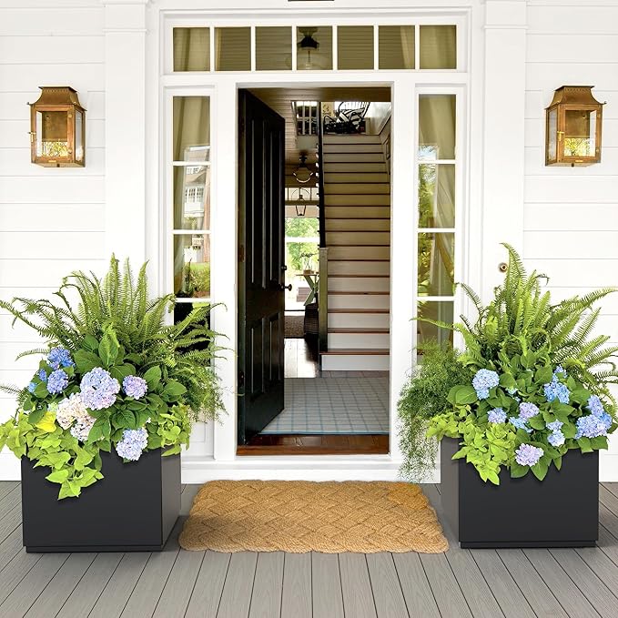 FENCY Large Square Planter 17" L x 17" W x 18" H, Planters for Outdoor Plants, Large Outdoor Planters for Porch Patio, Black Square Planter with Drainage Hole, All-Weather Use Cube Planter