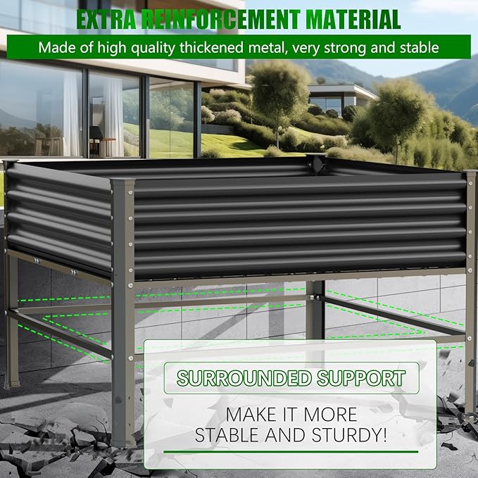 Raised Garden Bed with Legs, 48×48×32in Large Metal Elevated Raised Planter Box,1000lb Capacity with Drainage Holes for Vegetables Lawn Green Flowers, Fruits, Terrace