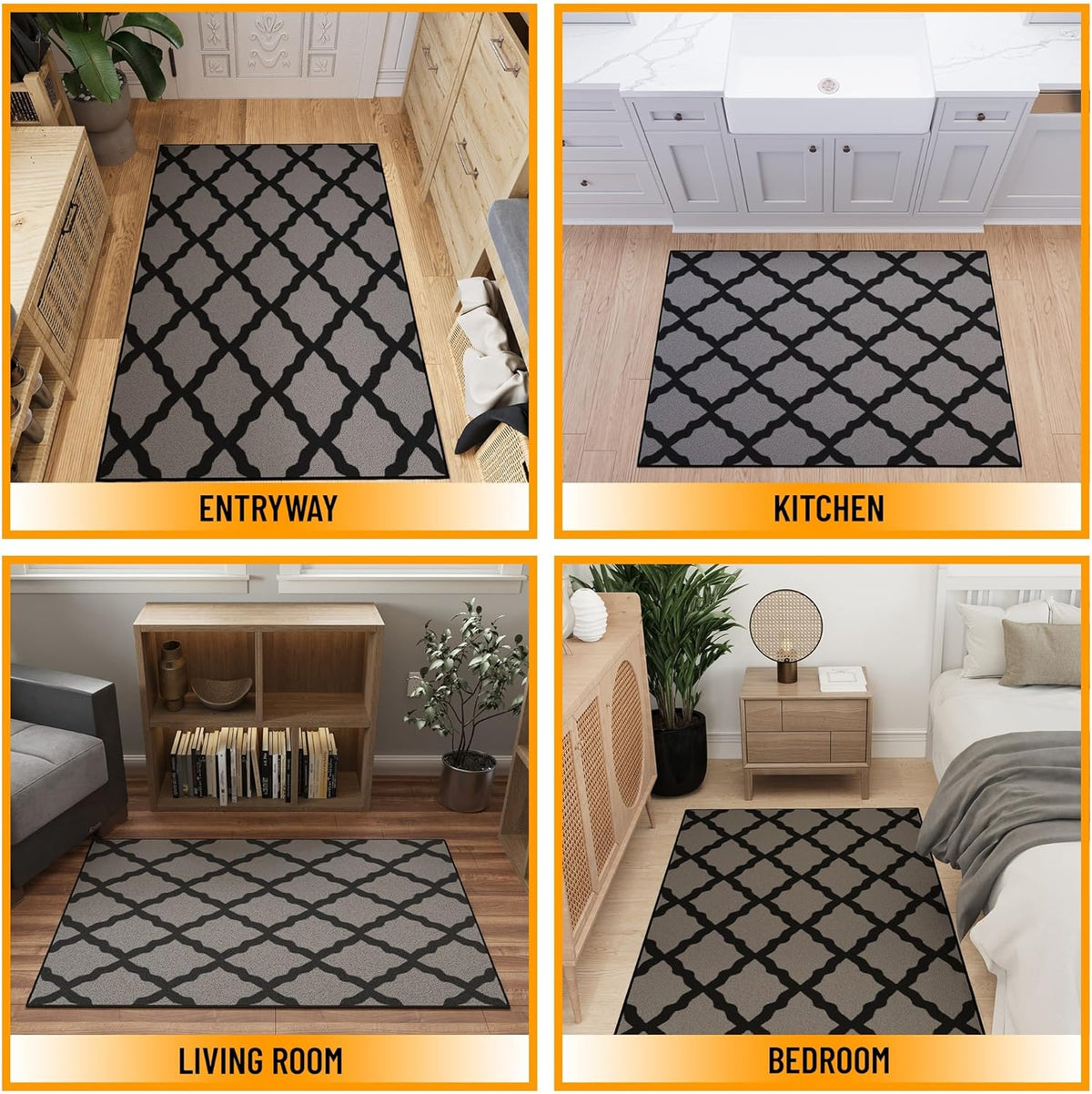 Ottomanson 3'3" x 5' Rugs for Living Room Trellis Area Rug for Bedroom - Non Slip Durable Large Floor Carpet for High Traffic Areas - Indoor Rug for Dining Room Kitchen Kids Playroom, Dark Gray