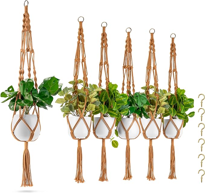 Sorbus Macrame Plant Hanger (6 Pack) Indoor Outdoor Hanging Plant Pots Cotton Rope, Elegant for Home, Patio, Garden (Brown)