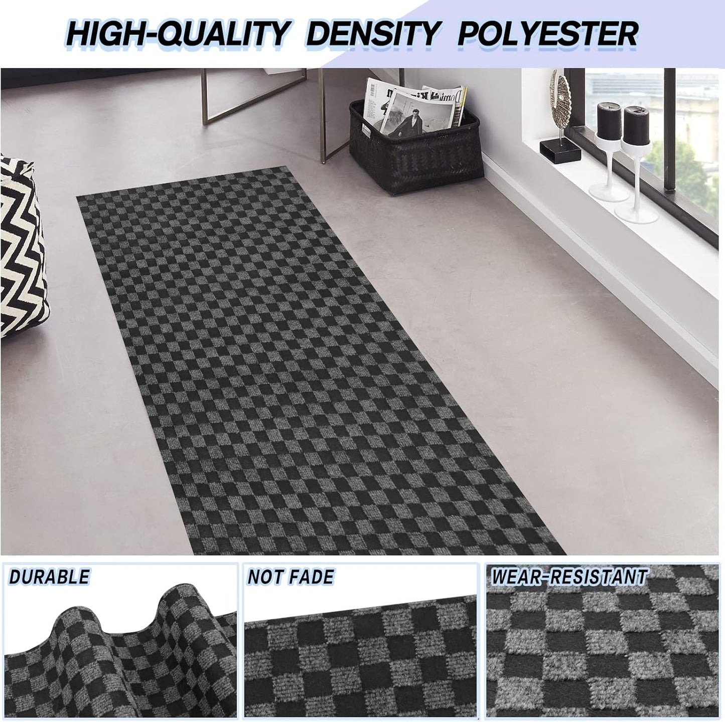 Custom Size Backed Non-Slip Area Rugs Runner, Easy Clean, Waterproof Runner Rugs for Hallway Entryway, Kitchen, Laundry, 3FT x 6FT, Gray Checkered