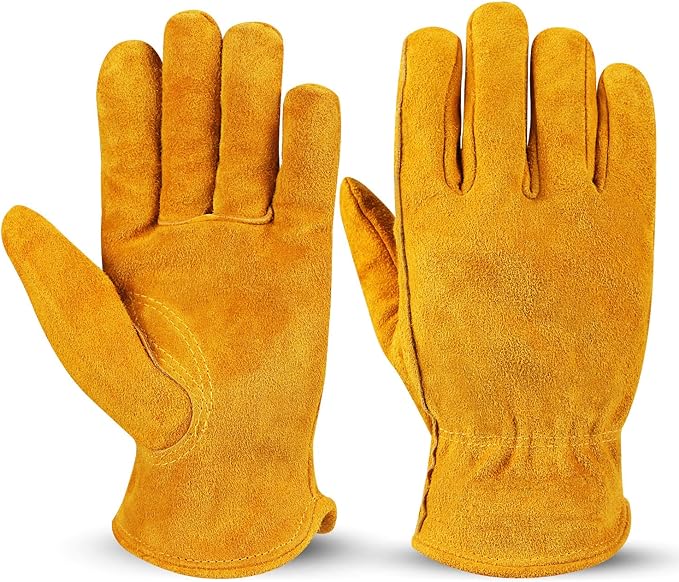 OZERO Leather Work Gloves Flex Grip Tough Cowhide Gardening Glove for Men and Women (Large, Gold With Mesh Linning)