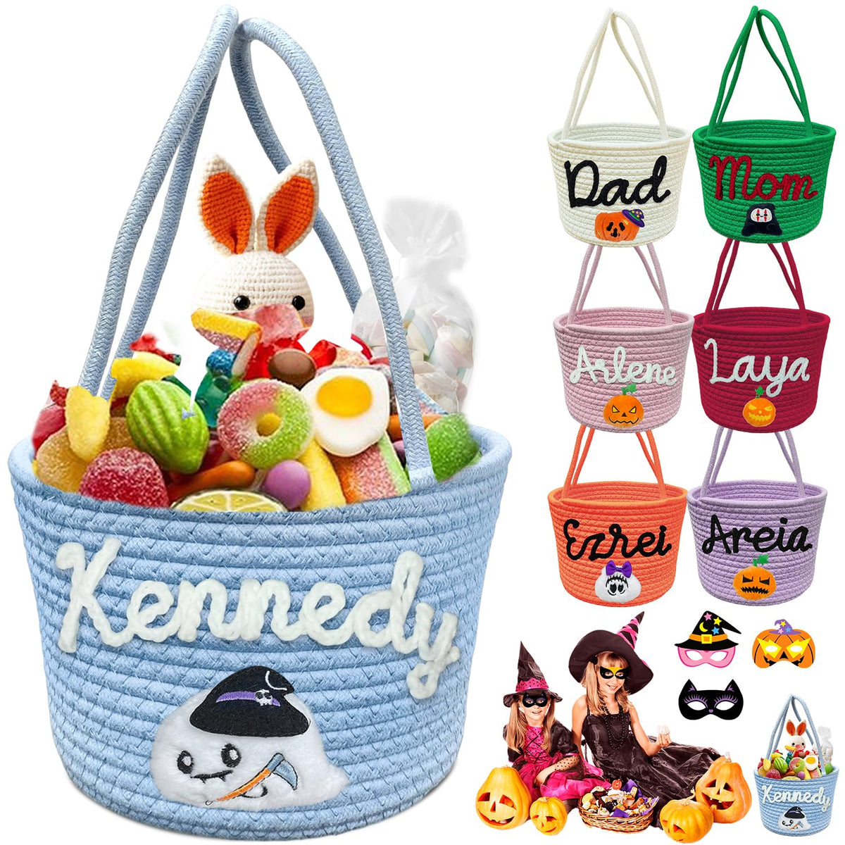 Personalized Halloween Basket, Trick or Treat Bags with Name for Kids Boys Girls Custom Woven Candy Bucket Pumpkin Gifts