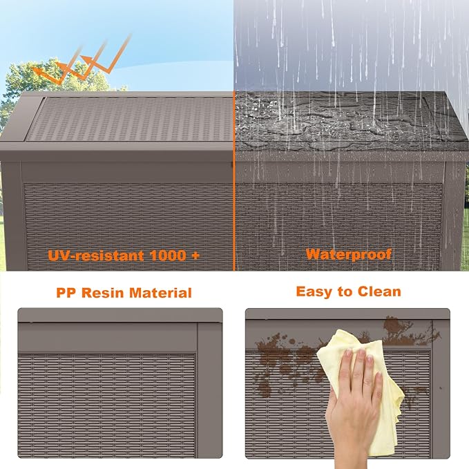 260 Gallon Resin Deck Box, Lockable Patio Outdoor Storage Box for Furniture, Garden Tools and Tools Storage, Waterproof Outside Storage Boxes - Grey