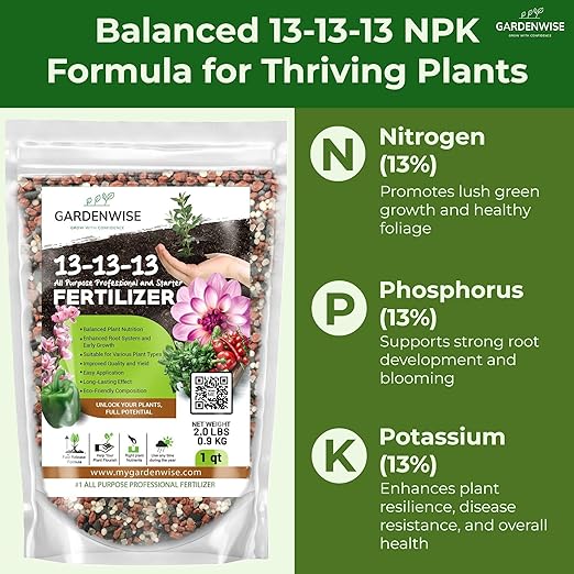 13-13-13 Slow Release Granular Fertilizer – All Purpose Plant Food 13 13 13 for Outdoor Grass, Vegetables, Roses, Flowers, Shrubs, Trees. Lawns, Gardens, Potted Plants (10 quarts)