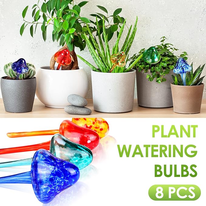 Meanplan 8 Pcs Watering Globe for Plant Self Watering Globes for Indoor Outdoor Plants Watering Devices Self Watering Spikes Mushroom Watering Bulbs Automatic Glass Plant Waterer for Plants