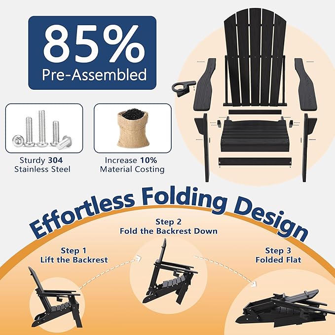 Folding Adirondack Chair Set of 4 with Cup Holder, HDPE All Weather Resistant Plastic Outdoor Patio Chairs, Heavy Duty Fire Pit Seating for Backyard Lawn Garden, Wooden Textured Design(Black)