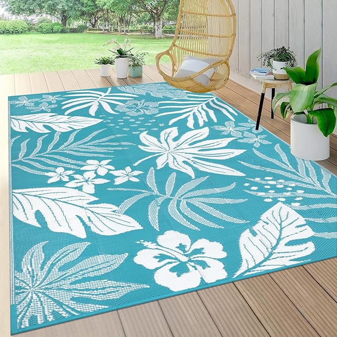 Pauwer Waterproof Outdoor Rug 5x8, Reversible Plastic Straw Patio Camping Rug, Indoor Outdoor RV Mat Carpet for Deck, Camper, Porch, Balcony, Backyard, Picnic, Floral Teal
