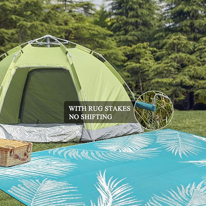 Pauwer Waterproof Outdoor Rug 9x12, Reversible Plastic Straw Patio Camping Rug, Indoor Outdoor RV Mat Carpet for Deck, Camper, Porch, Balcony, Backyard, Picnic, Leaf Teal