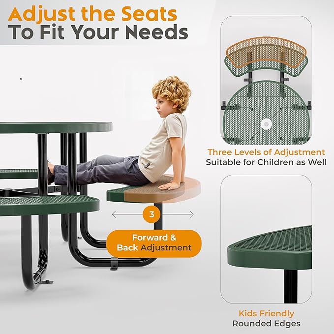 Metal Picnic Tables for Outdoors with Umbrella Hole - Coated Steel Heavy Duty Commercial Grade Table with Adjustable Seats (Green, 38 in, Round, Expanded Steel)
