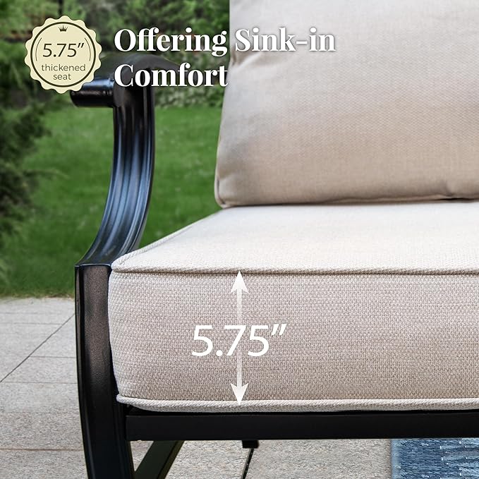 Patio Furniture Set with Fire Pit Table, 5 Pcs Metal Outdoor Conversation Set, 4 Rocking Chairs with 5.75" Extra Thick Cushion and 28" Fire Pit Table for Backyard Deck, Beige