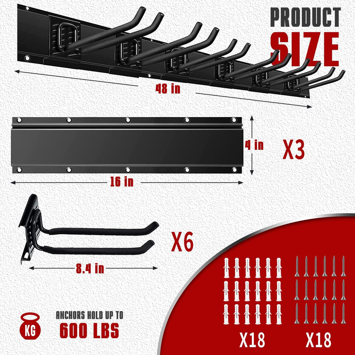 Charmount 48" Garage Storage Wall Organizer with 600lbs, 6 Hooks Broom Holder Wall Mount, Garden Tool Organizer, Easy Installation Tool Storage to Accommodate Brooms, Hoses, Yard Tools and More