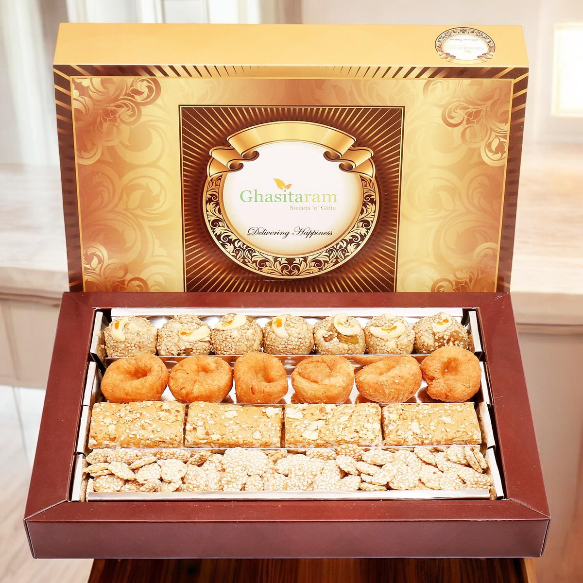 Ghasitaram Gifts Lohri Gifts Lohri Sweets - Assorted Box of Revadi, Gud Gachak, Khajoor and Til Laddoo (Bhuga)