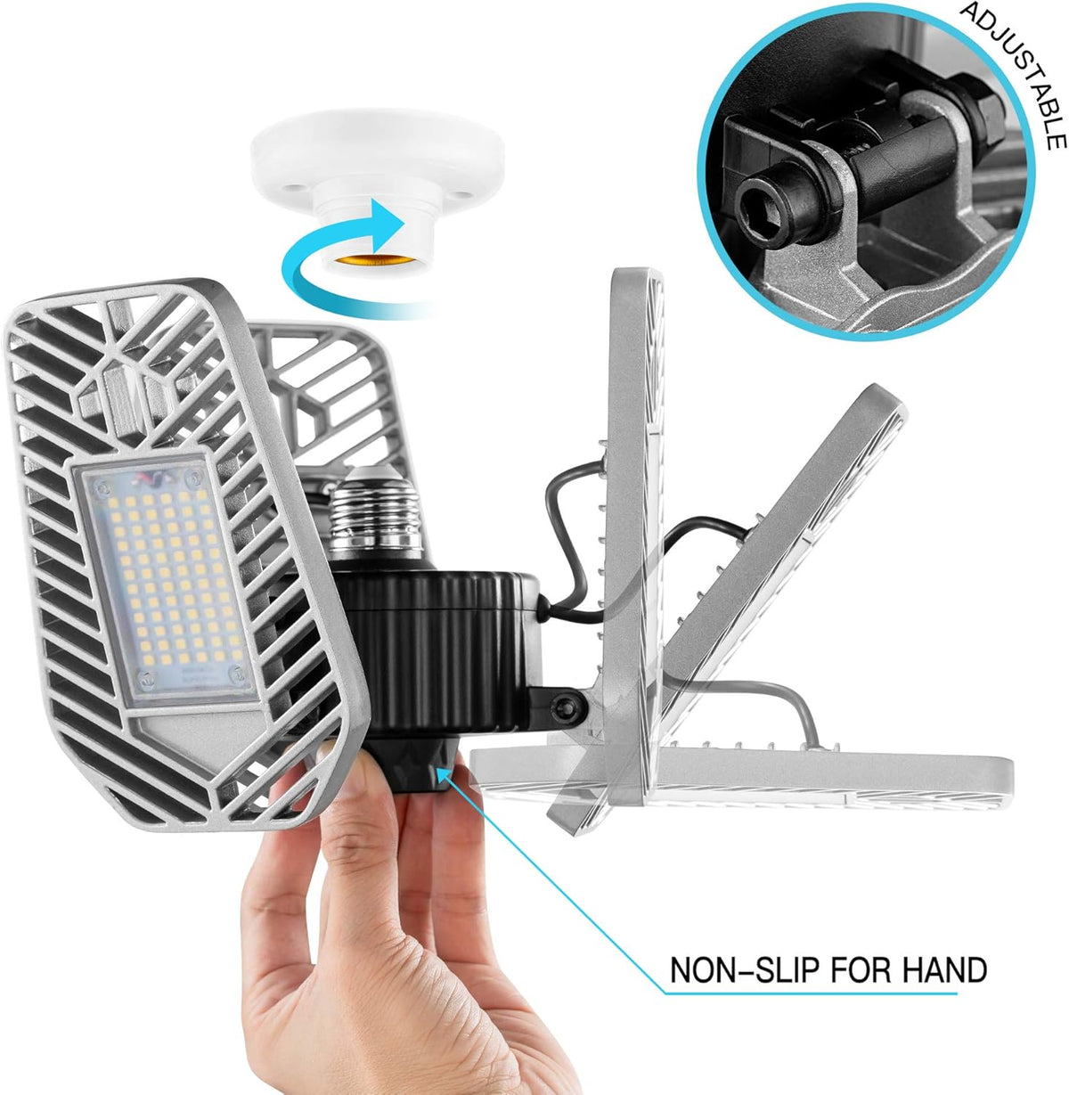 LED Garage Lights, Deformable LED Garage Ceiling Lights 9000 Lumens, 82W CRI 80 Led Shop Lights for Garage, Adjustable Garage Lights, Led Garage Lighting (No Motion Activated) (1-Pack)