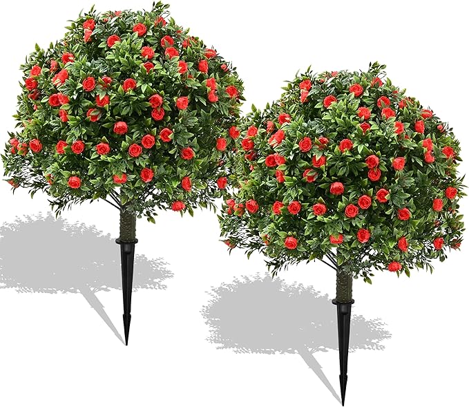 28" Artificial Boxwood Topiary Tree with Rose, Set of 2 Artificial Shrub Bushes with Ground Spike, Fake Evergreen Tree for Porch, Artificial Plants for Outdoor Planters Indoor UV Resistant