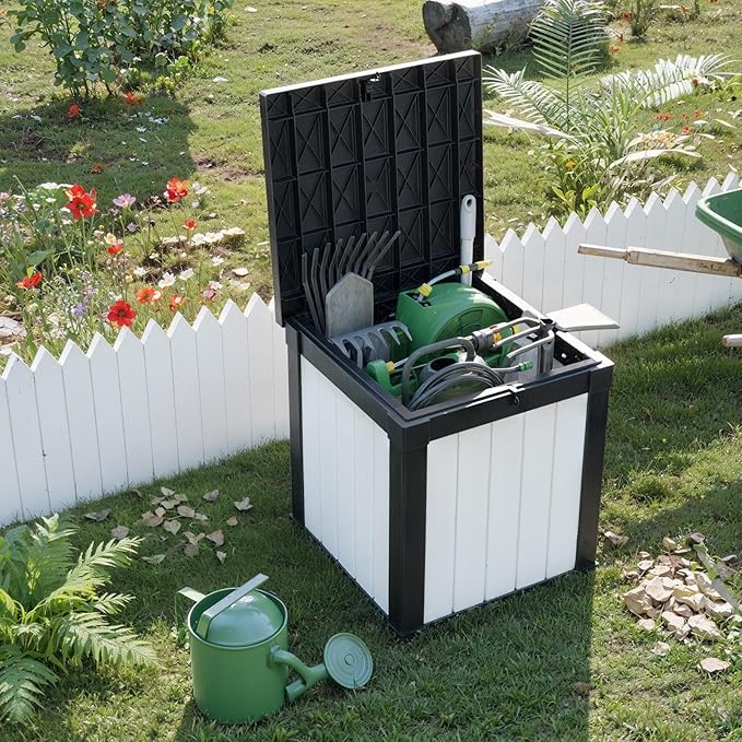 50 Gallon Outdoor Deck Box,Storage Lockable Waterproof Patio Furniture,Garden Tools,Cushions,Pool Accessories Outside Storage Resin Box(SM Black&White)