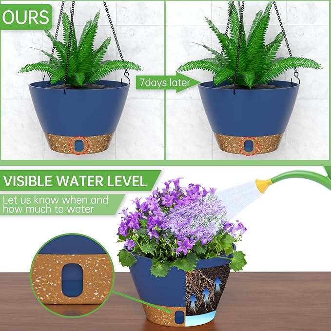 ZMTECH Hanging Planters for Indoor Plants Set of 2 Self Watering Hanging Pots Hanging Baskets Hanging Flower Pots for Outdoor Hanging Plants(8 Inch, Blue)