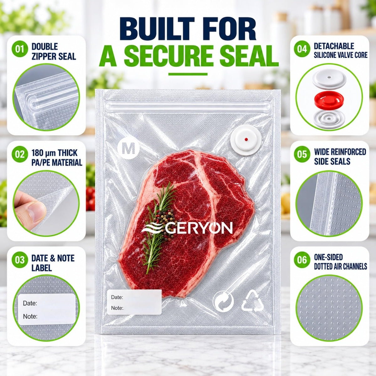 GERYON Vacuum Sealer Bags for Food, 40 Pack Reusable Vacuum Seal Bags with Air Valve, BPA-Free Food Vacuum Seal Bags Compatible with Handheld Vacuum Sealer for Sous Vide, Meal Prep and Freezer Storage
