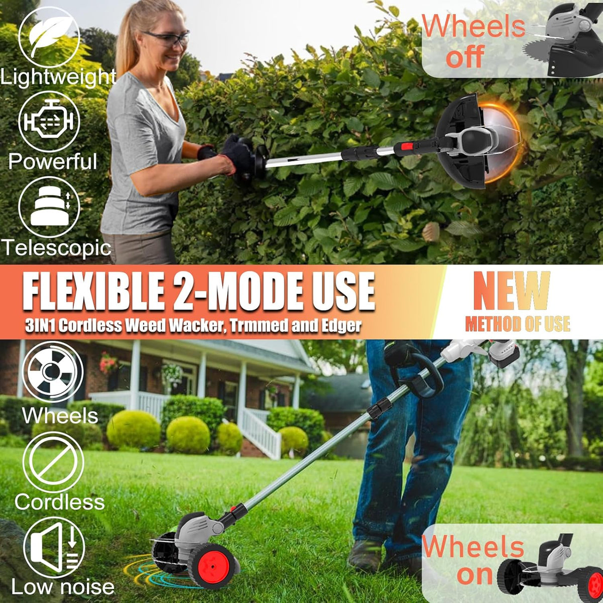 Electric Weed Wacker Eater Cordless Battery Powered, Weed Trimmer 4.0Ah Lightweight No-String with 2 Battery Operated & Wheels, 3 in 1 Stringless Grass Trimmer/Edger/Brush Cutter for Garden Yard Lawn