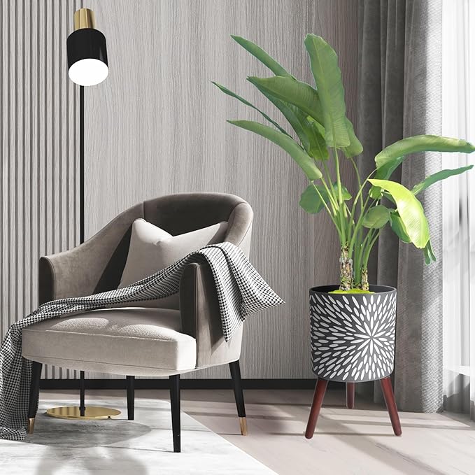 10 Inches Plant Pot with Stand, Large Modern Standing Planters for Indoor Plants with Drainage Holes, Gray Flower Pots with Legs