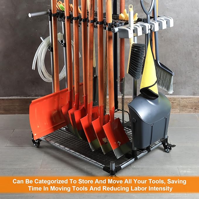 Garden Tool Storage Rack with Wheels Heavy-Duty Organizer for Garage, Yard, and Garden Tools