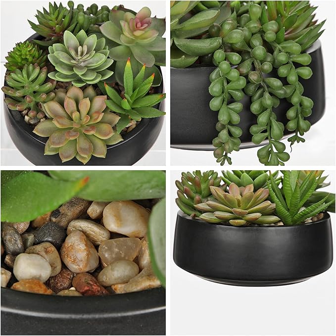 DILATATA Artificial Succulent Plants in Pot 5.5 Inch Fake Succulents Arrangement Potted Plant in Black Ceramic Planter Bowl for Home Office Desk Shelf Living Room Bedroom Bathroom Decor