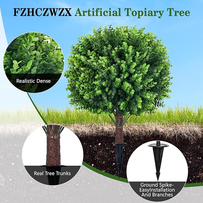 Artificial Topiary Tree with Eucalyptus, Set of 2 UV Resistant 17in Miniature Trees, Outdoor for Porch, Fake Bonsai Topiaries, Greenery Balls, Faux Shrubs for Planters, Curb Appeal Decor