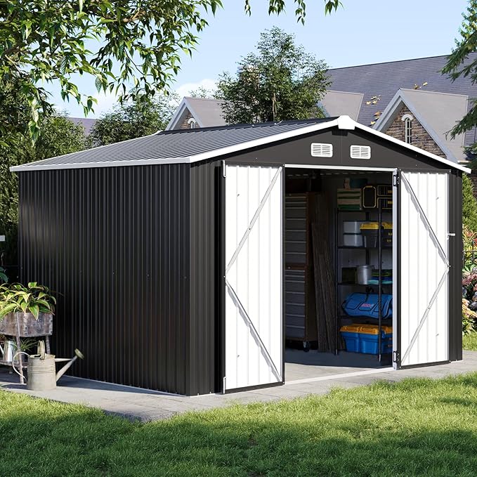 Aoxun 9.4x7.3x6.5 FT Outdoor Storage Shed, Garbage Can, Outdoor Metal Shed for Tool, Garden, Bike, Placed in Patio, Garden (Black)