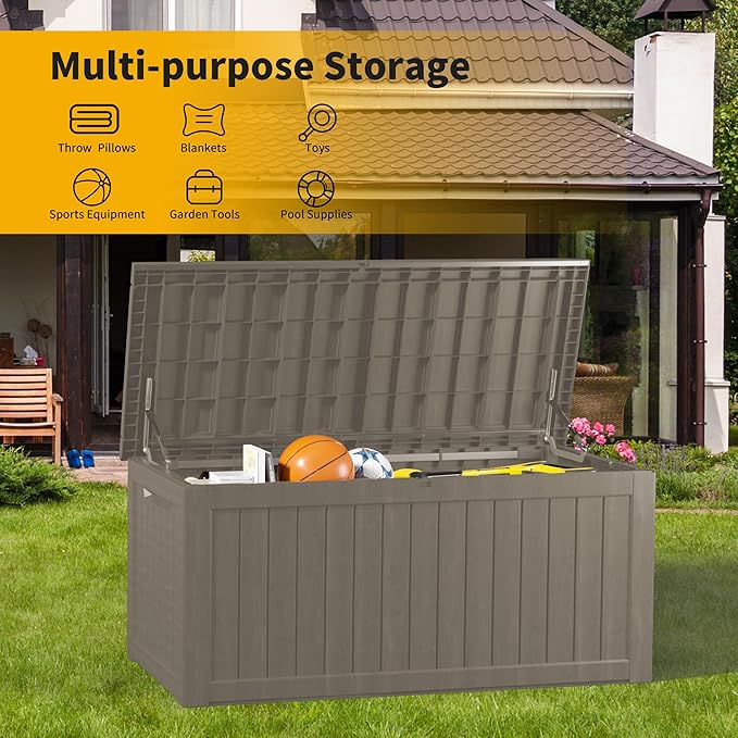 270 Gallon Lockable Resin Deck Box, Waterproof & UV-Resistant Outdoor Storage Box for Outdoor Cushion Storage, Garden Tools & Pool Accessories Storage, Gray