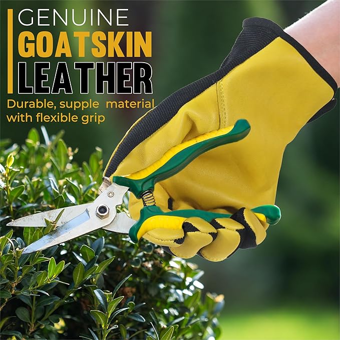 HANDLANDY Leather Work Gloves for Men & Women, Reinforced Durable Garden Gloves, Cowhide Working Glove for Gardening
