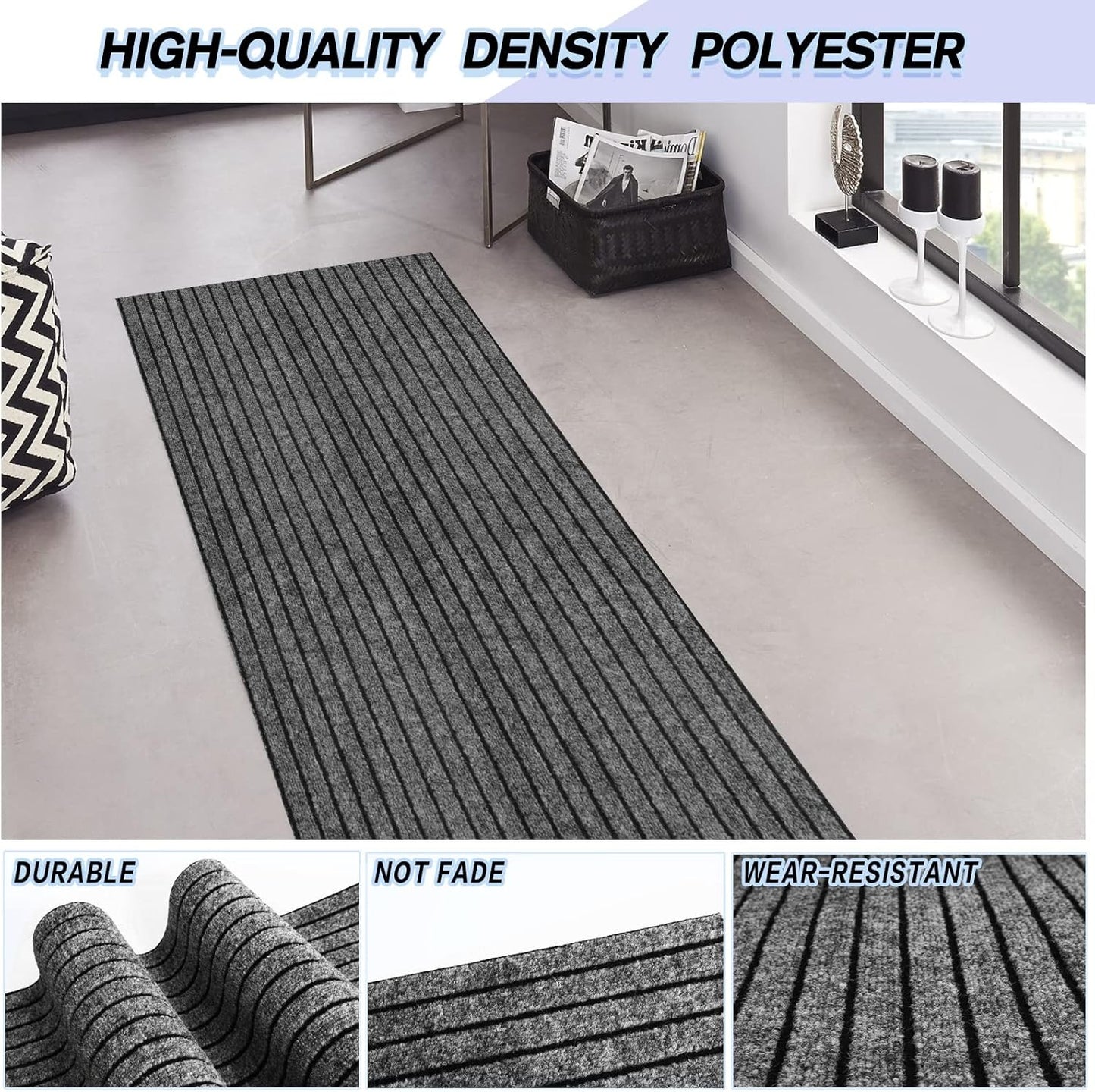 Custom Size Backed Non-Slip Area Rugs Runner, Easy Clean, Waterproof Runner Rugs for Hallway Entryway, Kitchen, Laundry, 3FT x 18FT, Gray Stripe