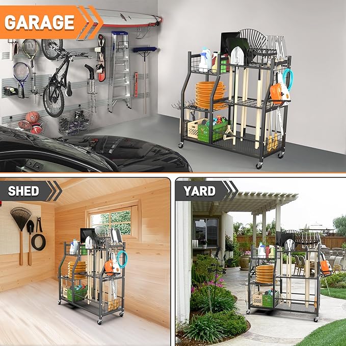 TORACK Garden Tool Organizer with Wheels, Rakes Shovels Yard Tools Stand for Garage, Shed, Garden, Indoor/Outdoor Long-Handled Tools Cart