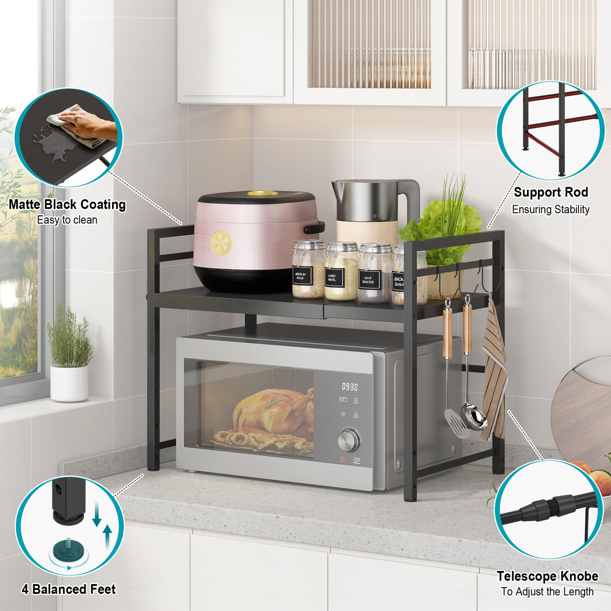 DOLALIKE Microwave Oven Rack, Expandable Microwave Stand Countertop Kitchen Utensils Tableware Storage, Carbon Steel Over Microwave Shelf Countertop with 3 Hooks