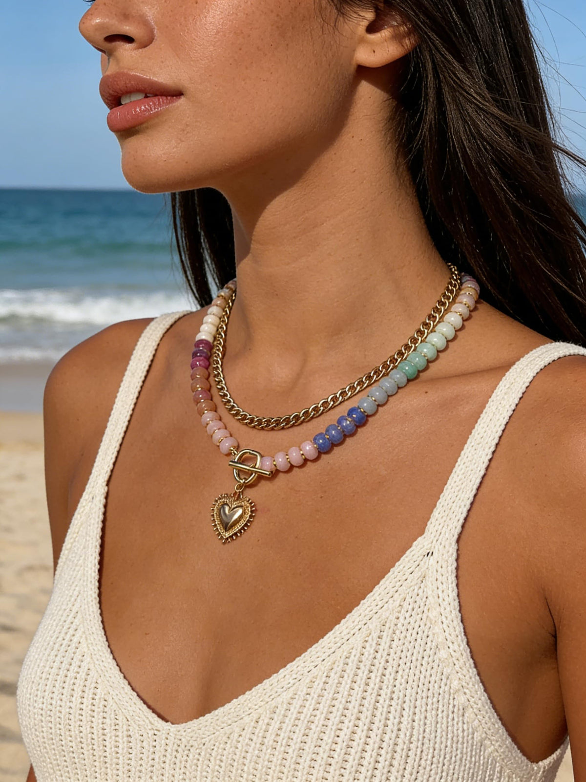 ALFISO Layered Necklaces for Women, Colorful Acrylic Beads & Heart Pendant
