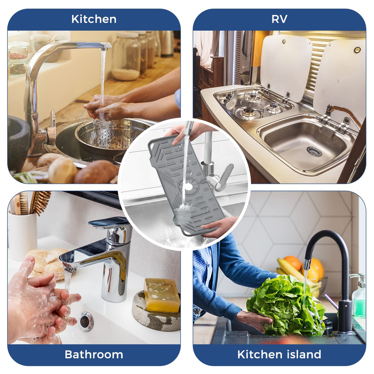 BFONS Silicone Faucet Handle Drip Catcher Drying Tray Mat Dish Soap Sponge Holder Accessories Gadgets for Kitchen Counter Bathroom Kitchen Sink Splash Guard -Grey