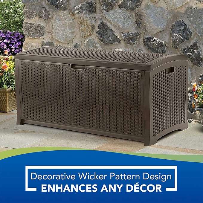 Suncast Outdoor Storage Box - 73 Gallon Mocha Brown Deck Box for Patio, Waterproof Outdoor Storage Bench, Resin Wicker Style, Heavy-Duty, Lockable Lid for Cushions, Shoes, Pool & Garden Gear