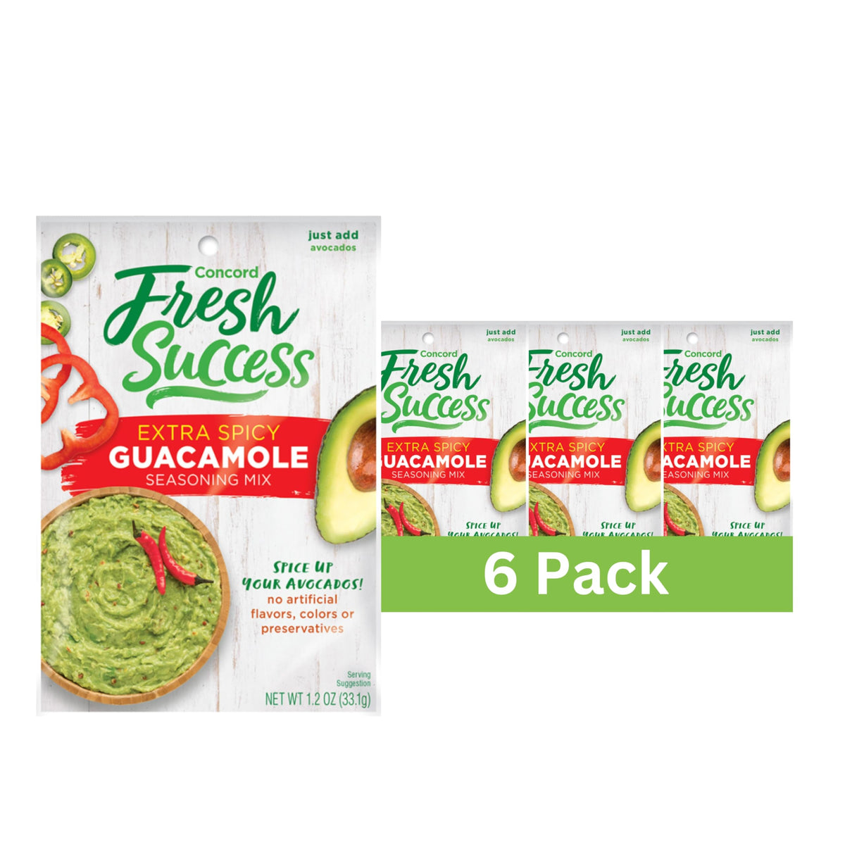 Concord Foods Extra Spicy Guacamole Mix: Bold Heat with Traditional Flavors - Perfect for Spicy Guac Enthusiasts! 1.2 Ounce (Pack of 6)