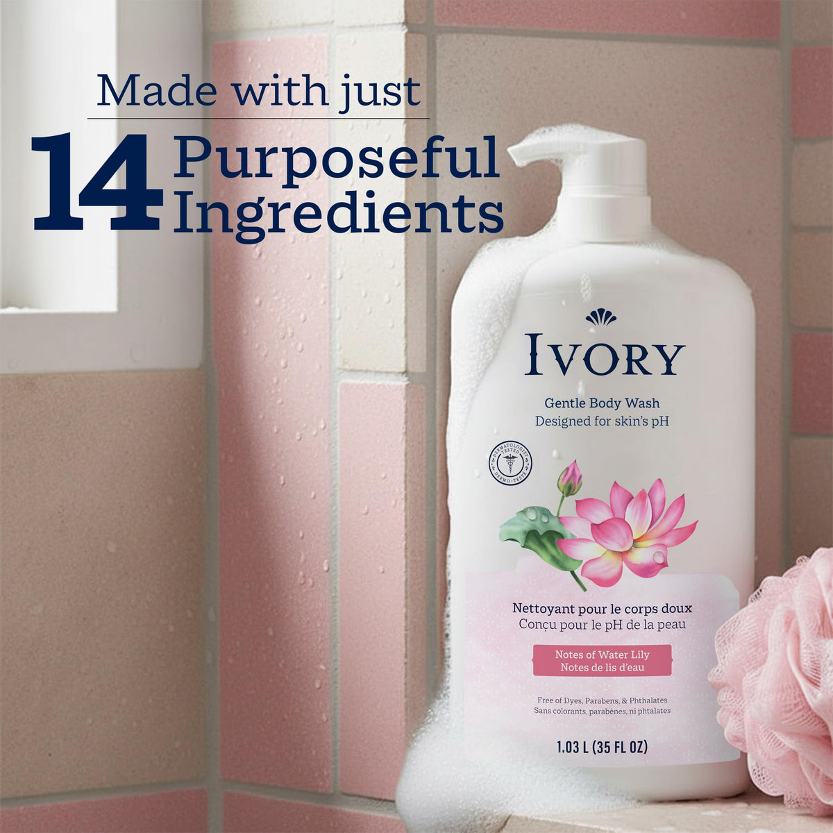 Ivory Body Wash, Designed for the Whole Family, Gentle Formula, Free of Dyes Heavy Perfumes Parabens Phthalates & Silicones, Designed for Skin's pH, Water Lily Scent, 35 oz